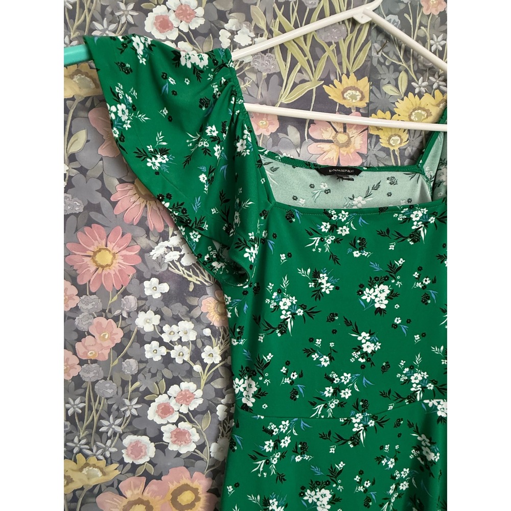 Banana Republic Green Floral Square Neck Flutter Sleeve Midi Dress Size M - Picture 5 of 9